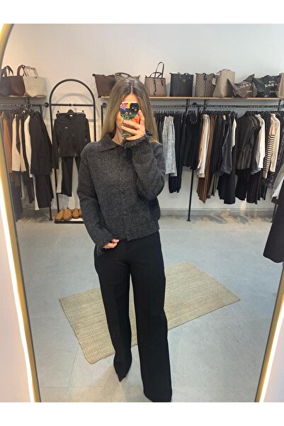 Ecenin Favorileri Gray Knitwear Women's Cardigan with Tassels on the Sleeves