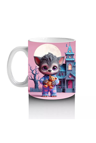 Wisdom Rain Pink Halloween Printed Mug with Cute Witch Girl Figure in Front of Haunted Castle