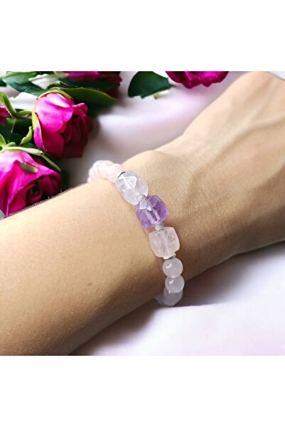 Ezera Brățară de damă, cuarț roz Madagascar și ametist, argint 925, 17-18 cm