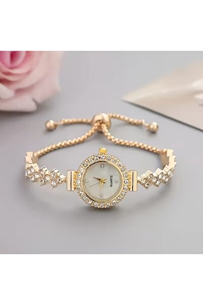 Feronnucci ساعة يد نسائية من الزركون باللونين الرمادي والذهبي + سوار هدية B208