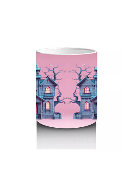 Wisdom Rain Pink Halloween Printed Mug with Cute Witch Girl Figure in Front of Haunted Castle