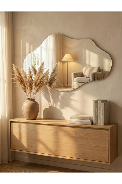 FNC CONCEPT Yatay Asimetrik Duvar Aynası, Konsol Aynası, Banyo Aynası 140x70cm Çerçevesiz