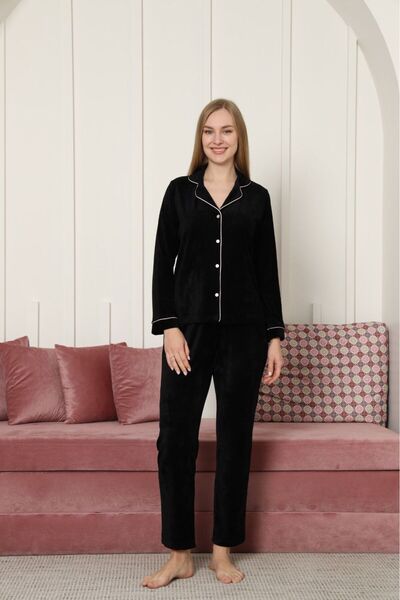 Espuar Buttoned Shirt Collar Piped Bamboo Velvet Pajama Set