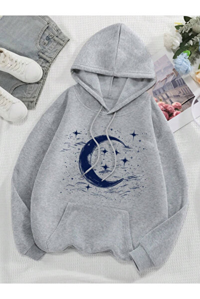 Derays Moon-Star Printed Oversized Hoodie Sweatshirt