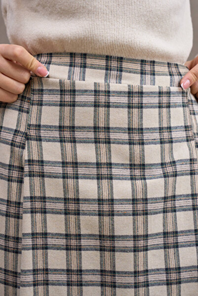KÜÇÜĞÜM BUTİK Cream Brown Striped Double Pleated Plaid Skirt