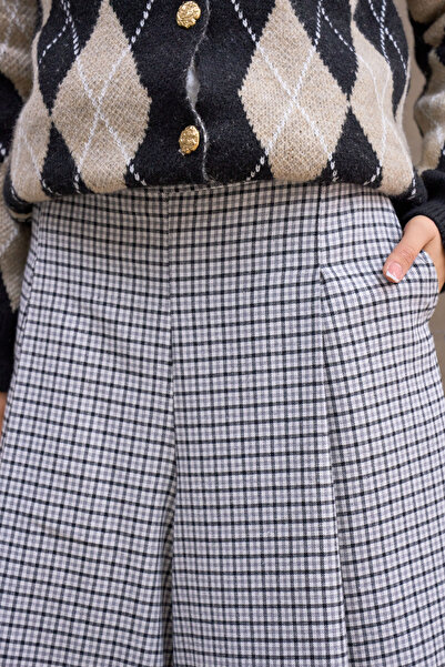 KÜÇÜĞÜM BUTİK Gray Small Check Double Pleated Plaid Trousers