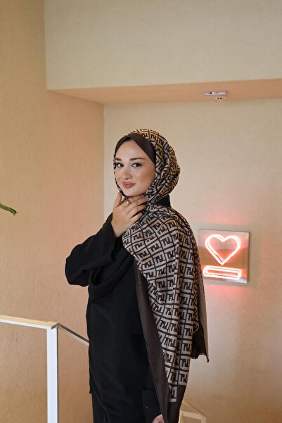 Şalland F Pattern Wool Cashmere Shawl Bitter Brown