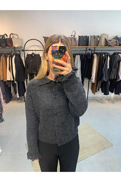 Ecenin Favorileri Gray Knitwear Women's Cardigan with Tassels on the Sleeves