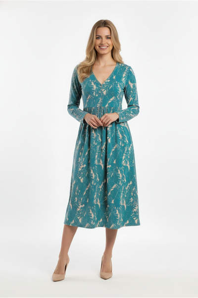 Kyron Women's V-Neck Patterned Viscose Dress- Long Sleeve/Stylish and Comfortable Use/New Trend/Different Color Options