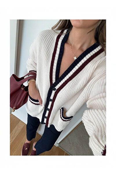 My Blog Cream - Burgundy Colored Pocket Cardigan - 241143
