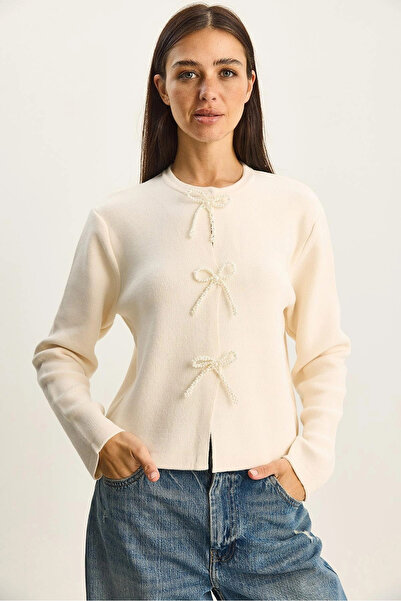 My Blog Cream Bow Bead Detailed Cardigan - 251072