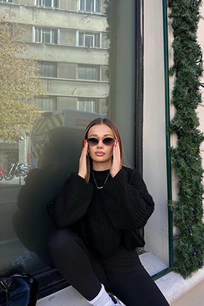 HARMONY GLOBAL Women's Black Balloon Sleeve Thick Thessaloniki Knit Oversized Sweater – Soft Texture, Keeps Warm 1700