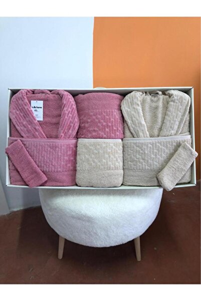 Çeyiz Diyarı Su Yolu 8 Piece Family Bathrobe Set Light Beige - Dusty Rose