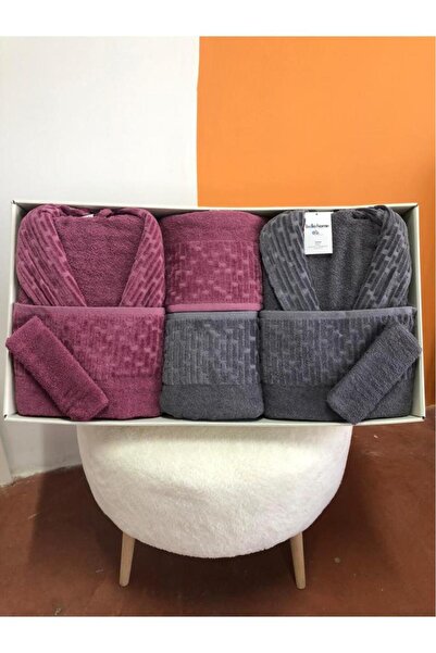 Çeyiz Diyarı Su Yolu 8 Piece Family Bathrobe Set Anthracite - Plum
