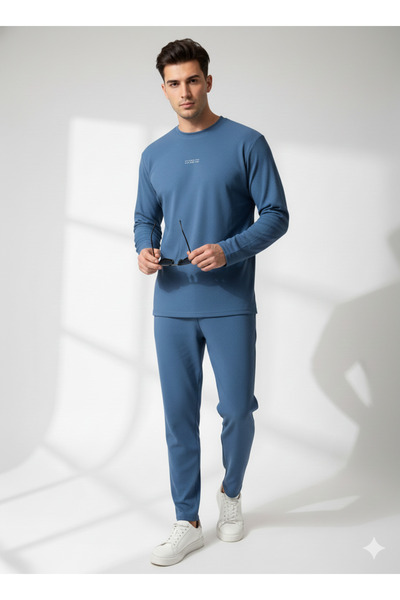 ribana Unisex Crew Neck Embossed Printed Inside Cotton Pocketed Top and Bottom Set