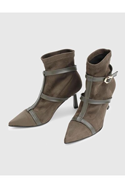 İLVİ Buynaka Genuine Suede Leather Khaki Women's Heeled Boots