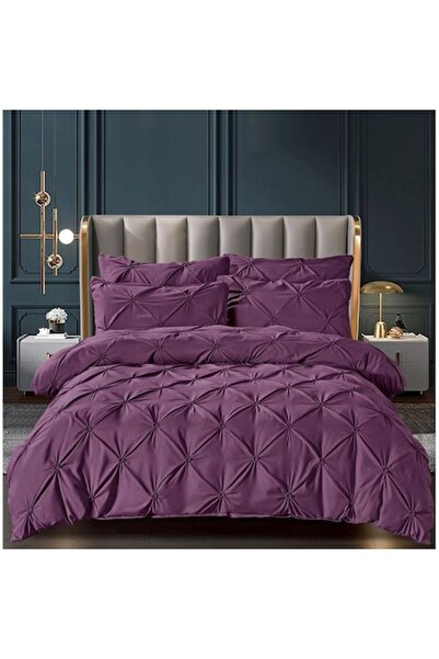 MHR 6-Piece Bed Linen Set for 2 Persons, Solid with Pleats, Finet, Purple, 230x250 cm