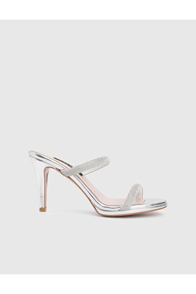 İLVİ Fers Genuine Leather Women's Silver Stone Heeled Slippers