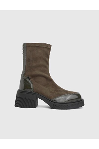 İLVİ Breade Genuine Suede Patent Leather Khaki Women's Heeled Boots