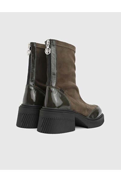 İLVİ Breade Genuine Suede Patent Leather Khaki Women's Heeled Boots