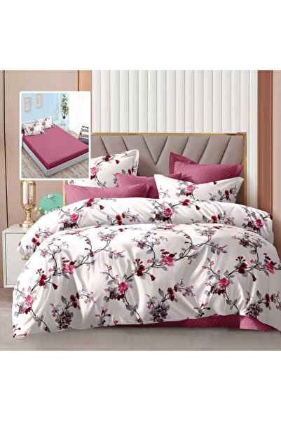 Pucioasa Double bed linen 6 pieces with elastic, pink purple flowers