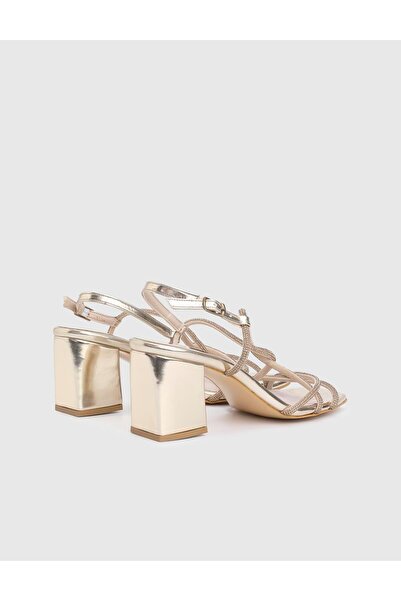 İLVİ Crocus Genuine Leather Gold Stone Women's Heeled Sandals