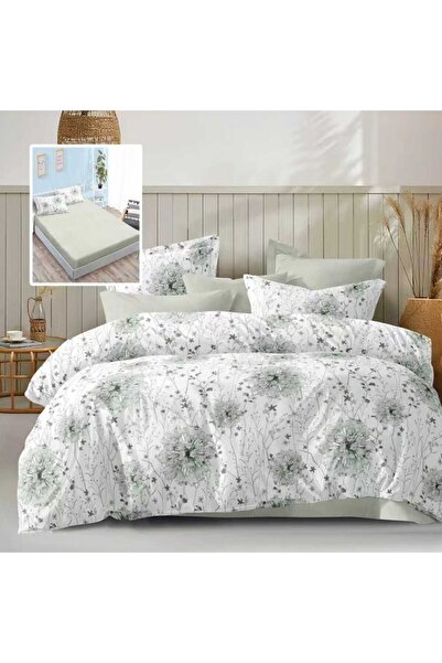 Pucioasa Double bed linen 6 pieces with elastic, pale green flowers
