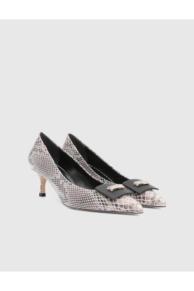 İLVİ Amonde Genuine Snake Printed Leather Gray Women's Heeled Shoes