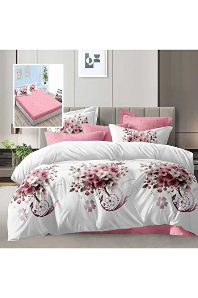 Pucioasa Double bed linen 6 pieces with elastic, pink flowers