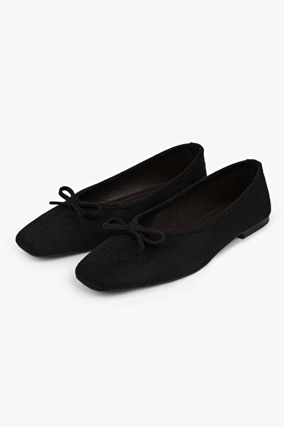 Shoeberry Women's Lovia Black Suede Bow Ballerinas