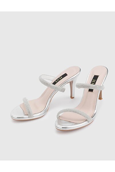 İLVİ Fers Genuine Leather Women's Silver Stone Heeled Slippers