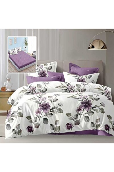 Pucioasa Double bed linen 6 pieces with elastic, purple flowers