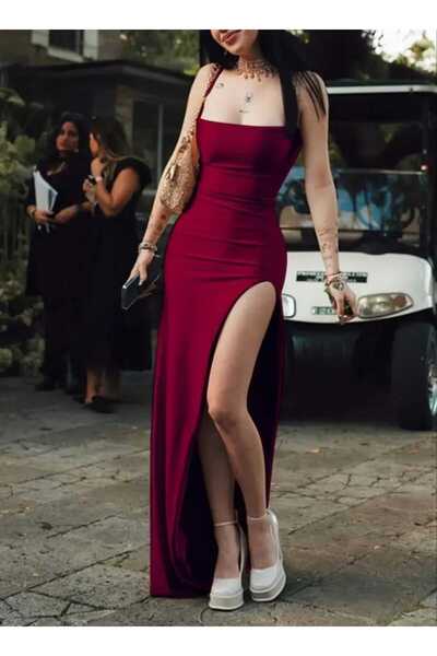 İsra Ayyıldız Moonstar Collection Askılı Yırtmaçlı Uzun Gece Elbisesi Mezuniy...