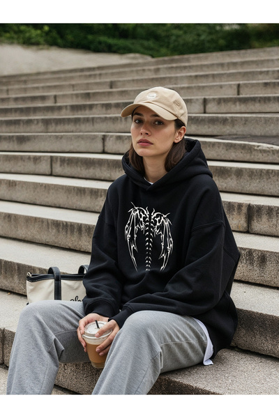 Freak Tshirt Black Tribal Wing Printed Oversized Hooded Unisex Hoodie with Fleece Inside