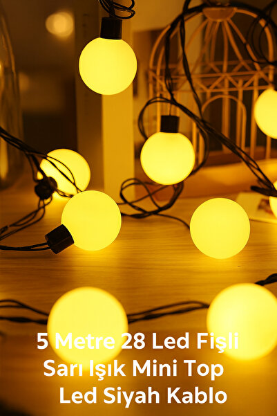 Yenilig 5 Metre 28 Led Mini Top Işık - Sarı Işık, Fişli, Siyah Kablo Dekorati...