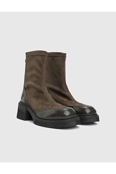 İLVİ Breade Genuine Suede Patent Leather Khaki Women's Heeled Boots