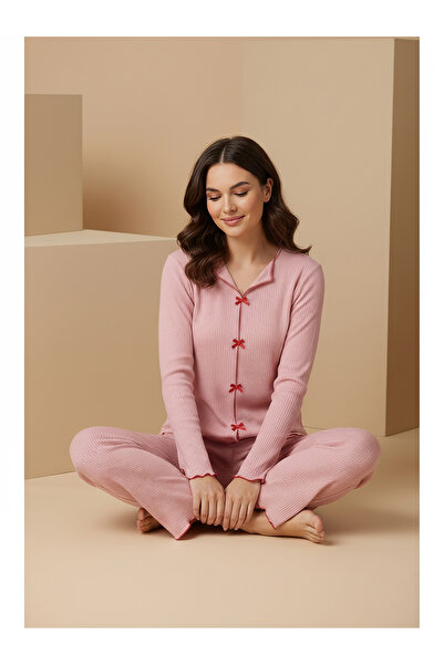 rindahomewear Corded Fabric Soft Cotton Bow Detail Long Sleeve Women's Pajama Set