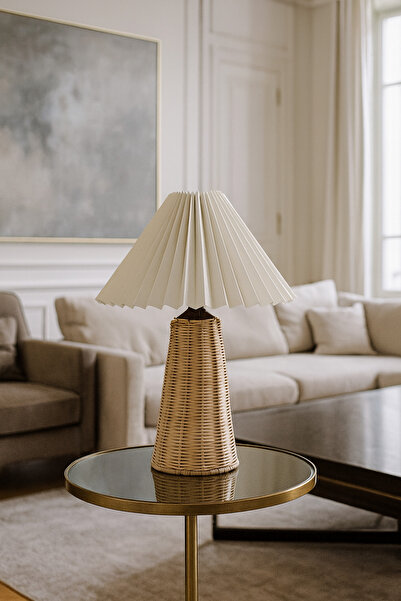 burenze Hasır Abajur Umbrella Pileli Abajurlu Masa Lambası