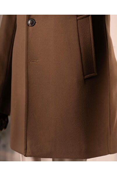 TerziAdemAltun Ανδρικό παλτό με γούνινο γιακά ιταλικού στυλ από μαλλί μεικτό κασετίνα μπεζ T14960