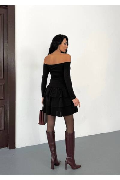 Cuyka Off Shoulder Sandy Fabric Layered Flounce Mini Dress