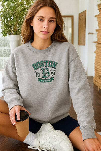 INFLUYENTE Дамска зимна блуза с подплата от вълна, с принт Boston, с редовна ...