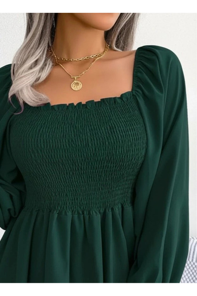 BEFAON Women's Long Sleeve Geometric Neckline Gipe Detailed Crepe Blouse