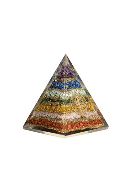 Ezera Piramidă energetică Orgonică Zaina, Rășină și Pietre Semiprețioase, 7 Chakre, Floarea Vieții, 8,5 cm