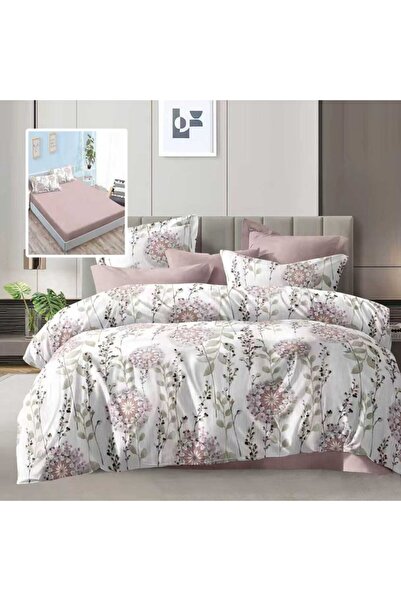 Pucioasa Double bed linen 6 pieces with elastic, pink purple flowers