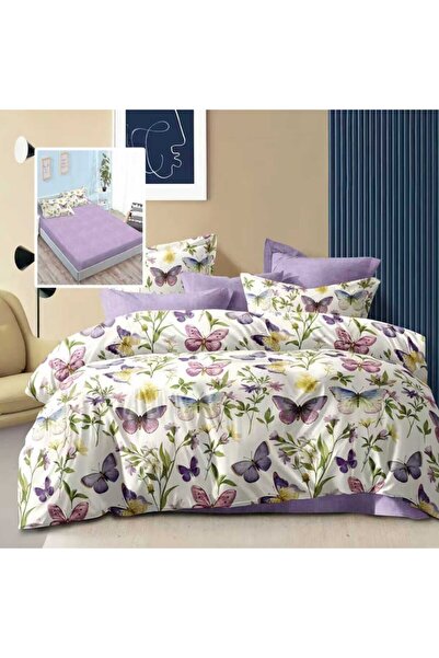 Pucioasa Double bed linen 6 pieces with elastic, purple butterflies