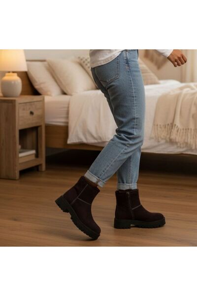 NE&VE SHOES Γυναικείες μπότες καφέ σουέντ από γνήσιο δέρμα με βελούδινη επένδυση