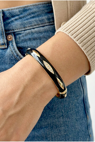 Modacaprea Pirinç Siyah İnce Baklava Mineli Çiçekli Kadın Bileklik I 18 cm Al...