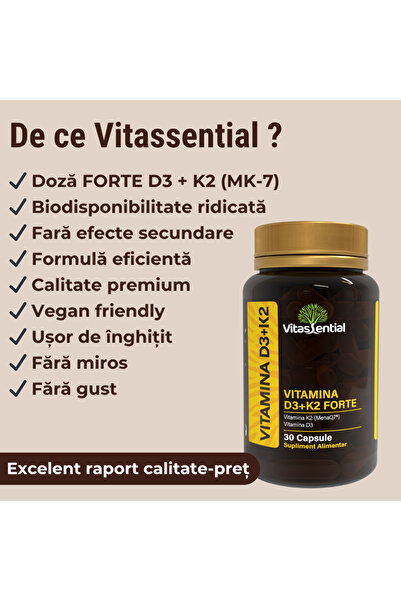Vitassential Vitamin D3 + K2 Forte – Supports bones, teeth, muscles and immunity – 30 Pills – for adults