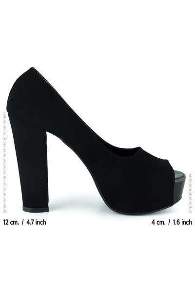 Erkan Saçmacı Carolina Black Suede Open Front Round Toe Thick Platform Heeled Evening Dress Shoes