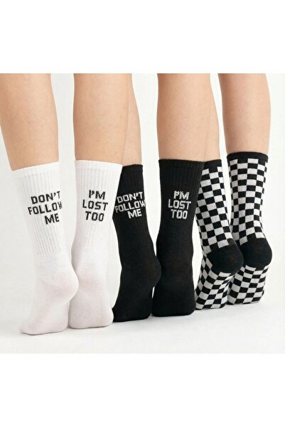 Mavi Dükkan Unisex 3'lü Set Yazılı ve Damalı Siyah Beyaz Pamuklu Spor Kolej S...